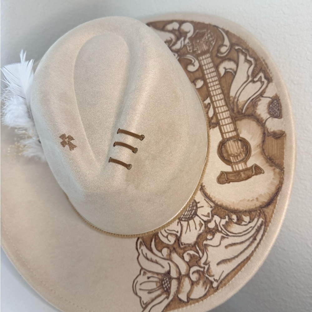 NEW. Never worn Cream Cowgirl Hat Guitar custom country rodeo adjustable